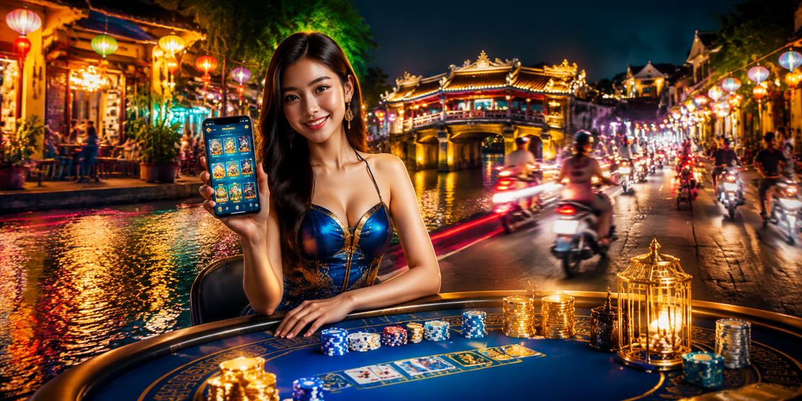Người dùng Hội An trải nghiệm casino trên ứng dụng di động ban đêm